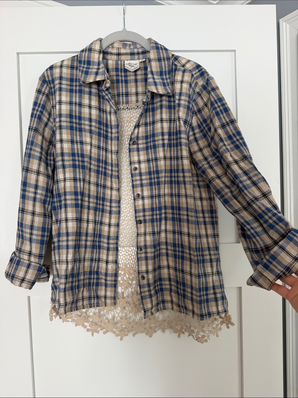 White Crow Beige and Blue Plaid Button-Up Shirt with Crochet Trim